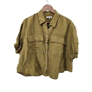 Madewell Button Up Shirt Women XL Olive Green Boxy Cropped Textured Short Sleeve